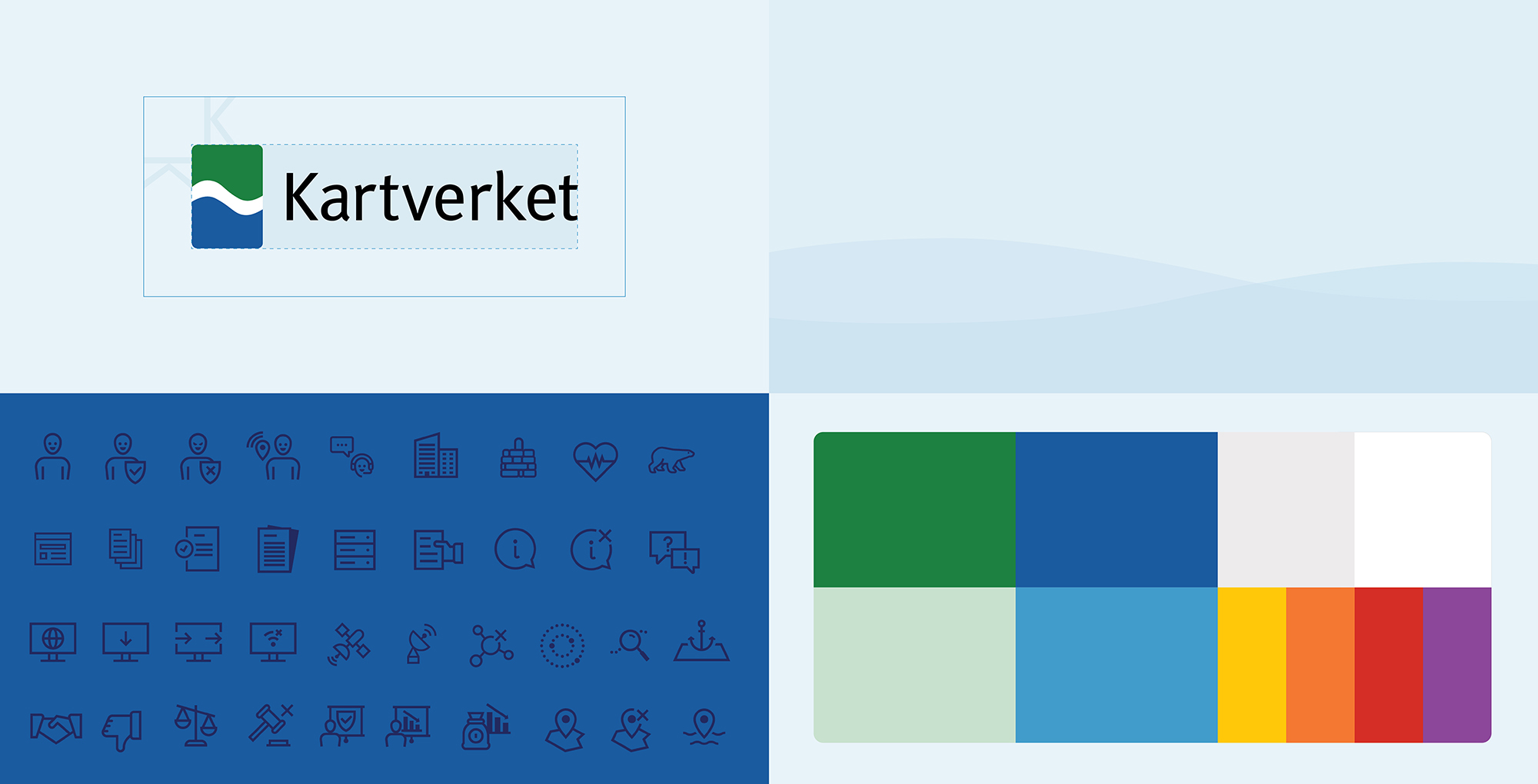 Bilde av et utdrag profilelementer: fargepalett og vekting av disse, ikonbibliotek, logo med beskyttelsesomrpde og bølgeelementet.