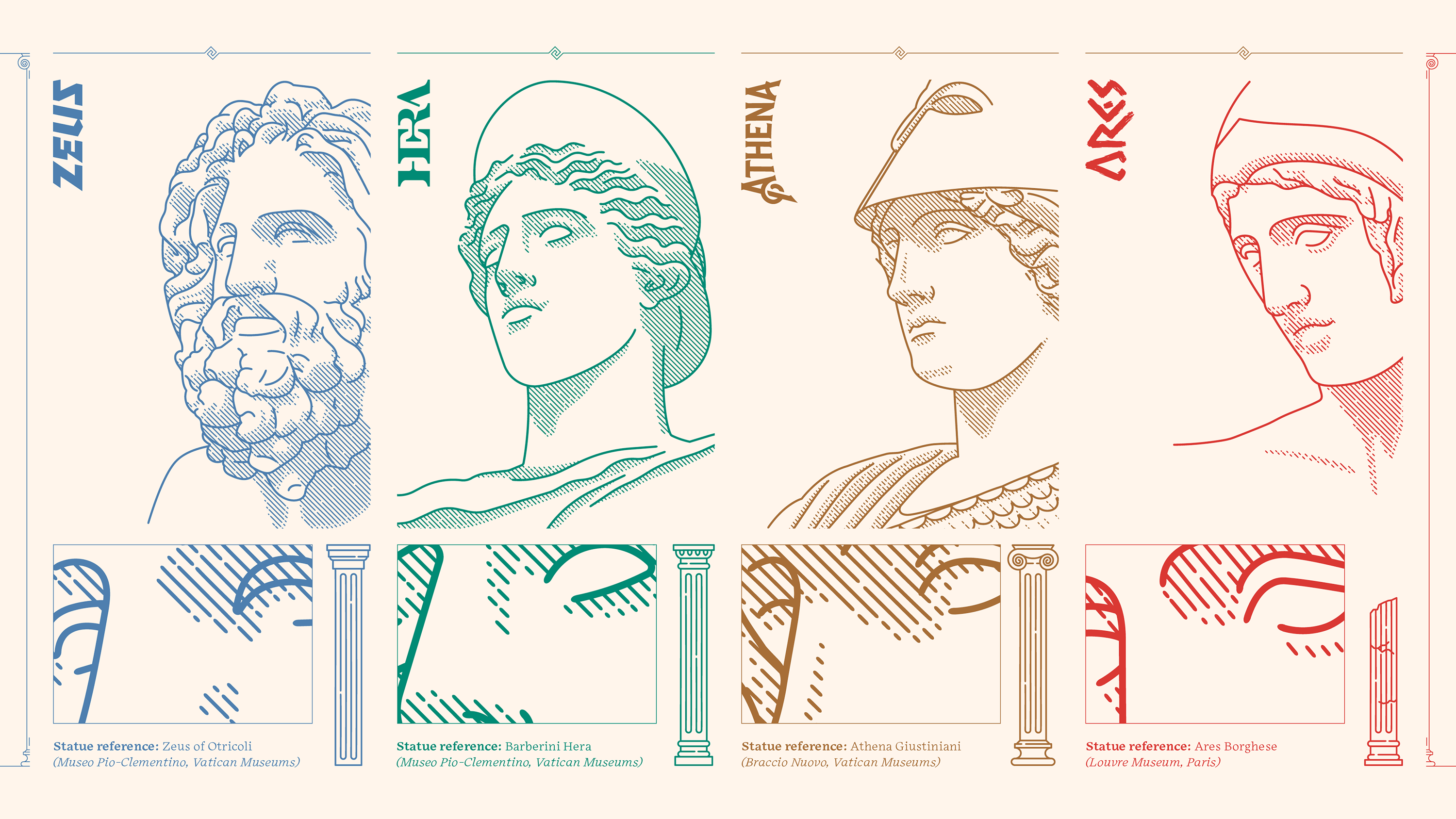 Greek Gods line art illustration designs