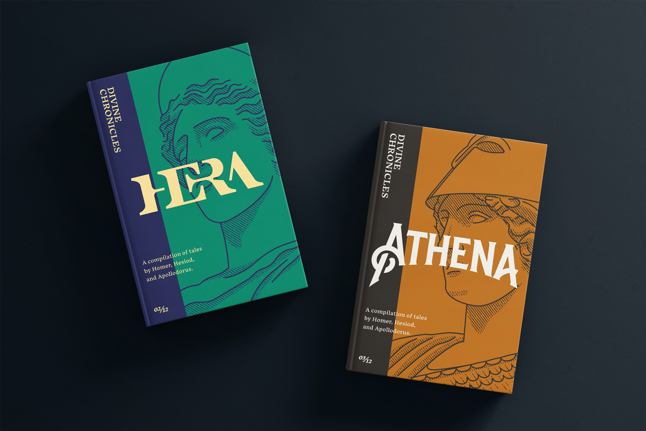 Hera and Athena book cover designs with custom wordmarks