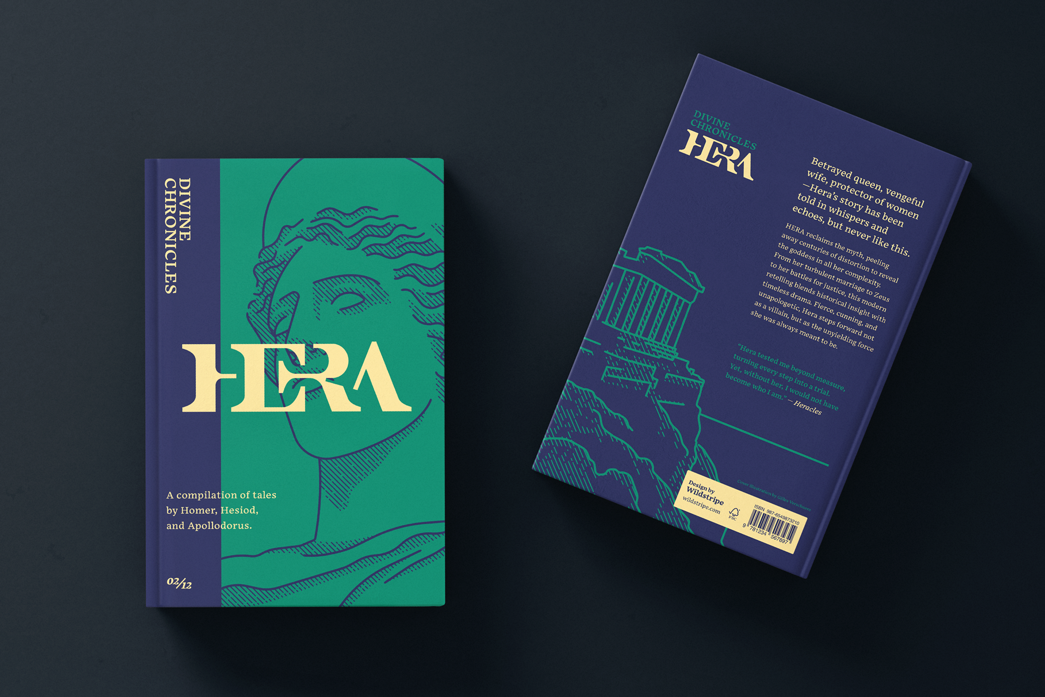 Hera book cover & back cover design with custom wordmark and illustrations
