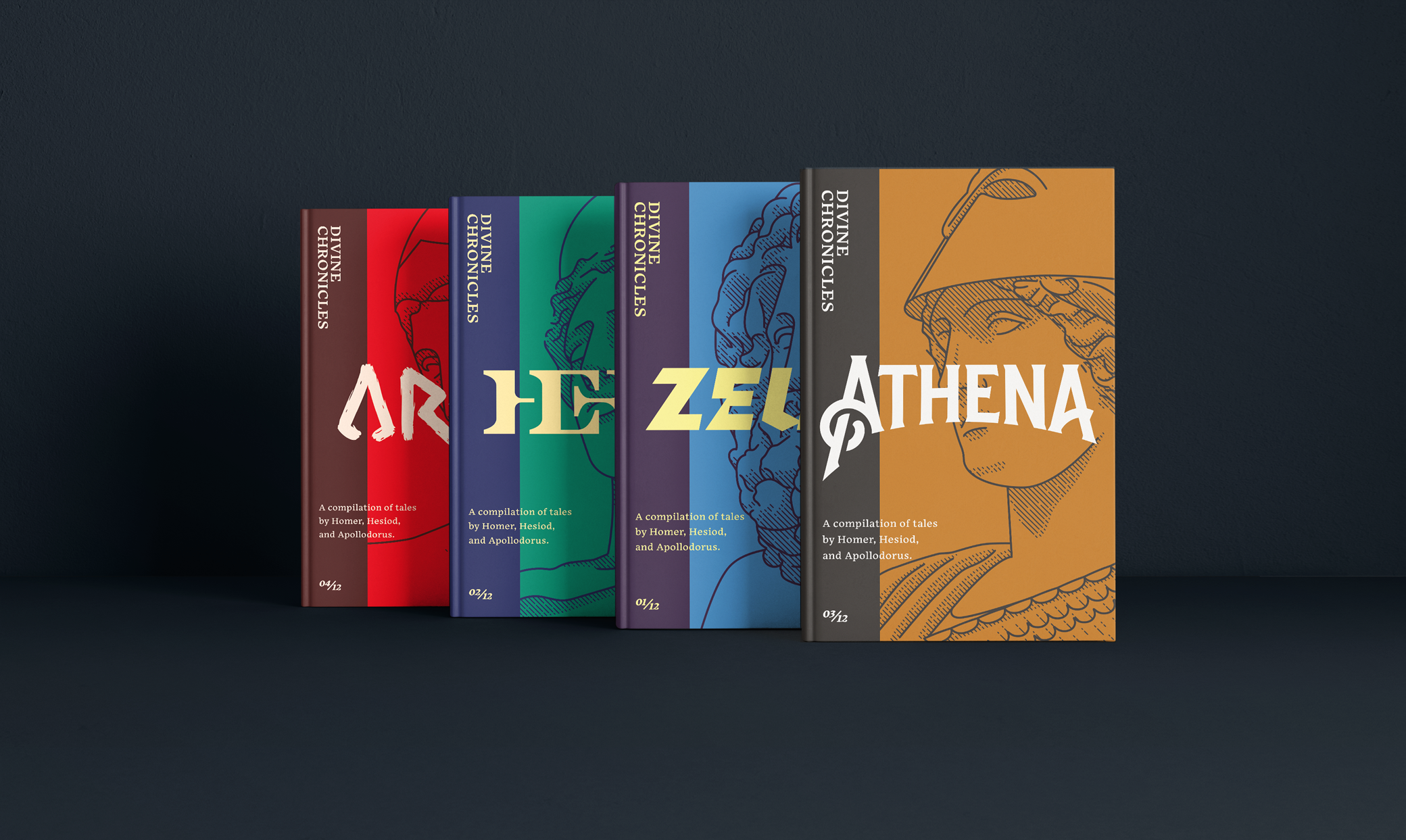 Greek Gods books with cover designs in line