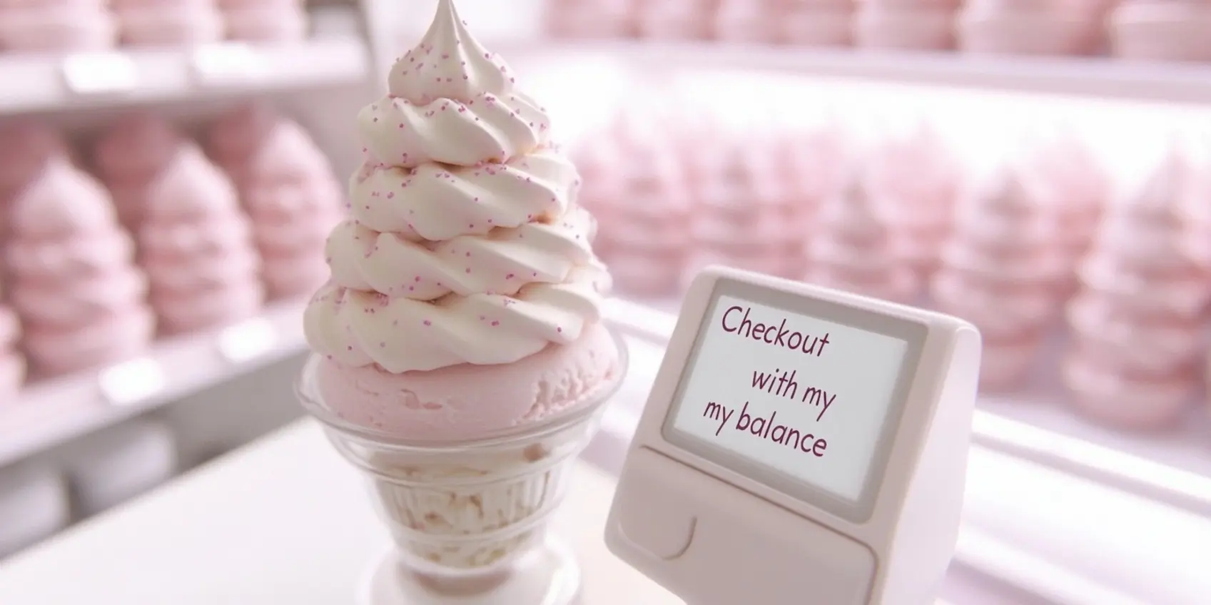 Photo of ice cream and a checkout screen saying "use my balance" 