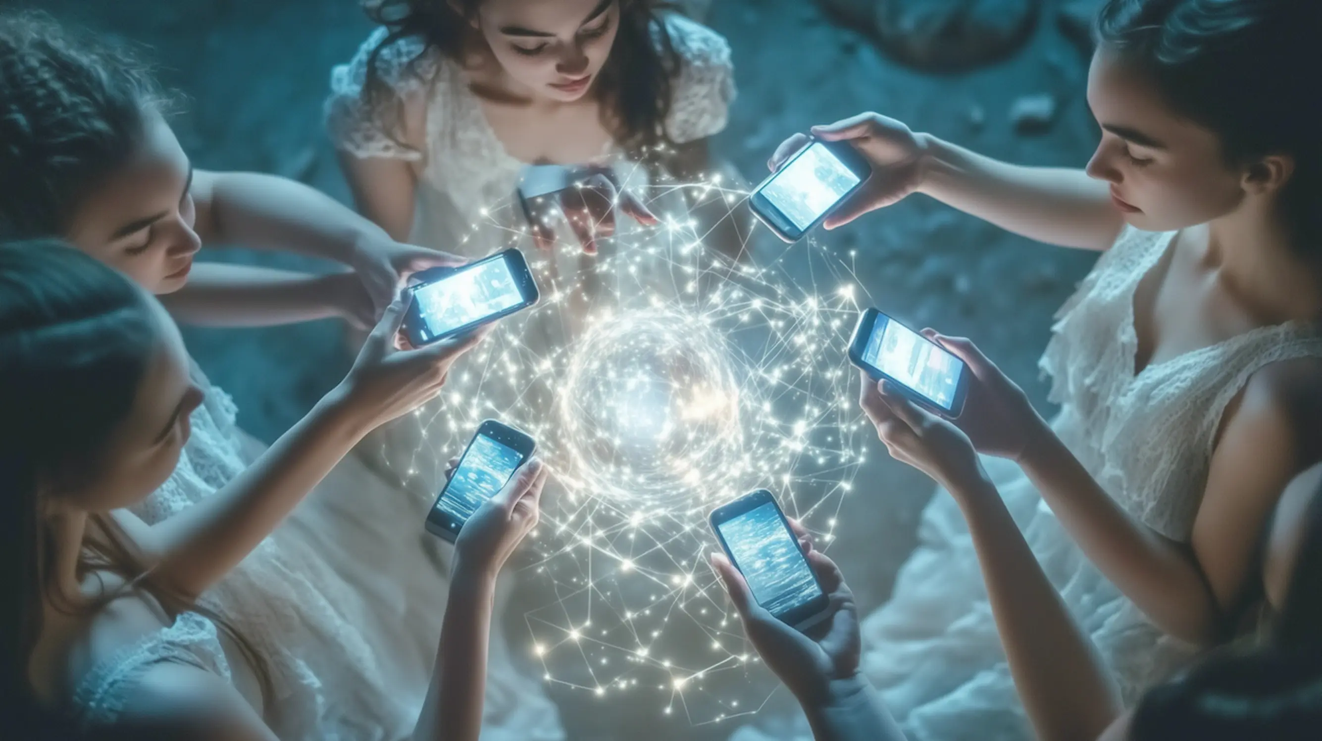 Stylized image of a web of connected mobile devices