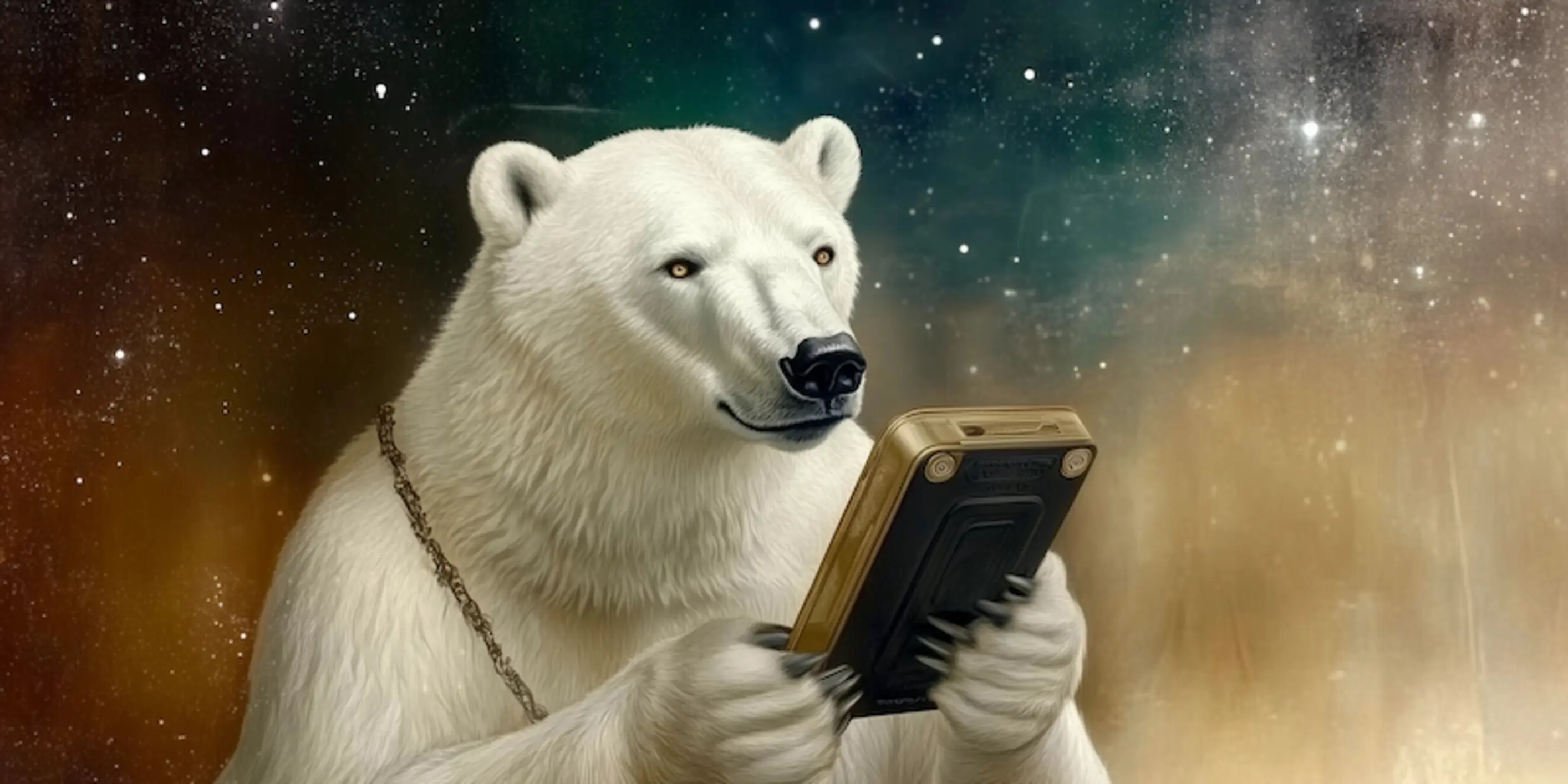 Stylized image of a polar bear holding a phone