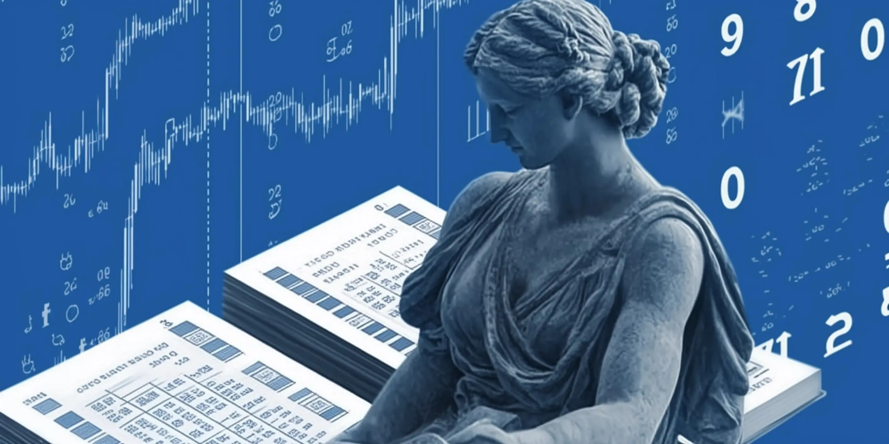 stylized image of a ledger in front of a greco-roman statue