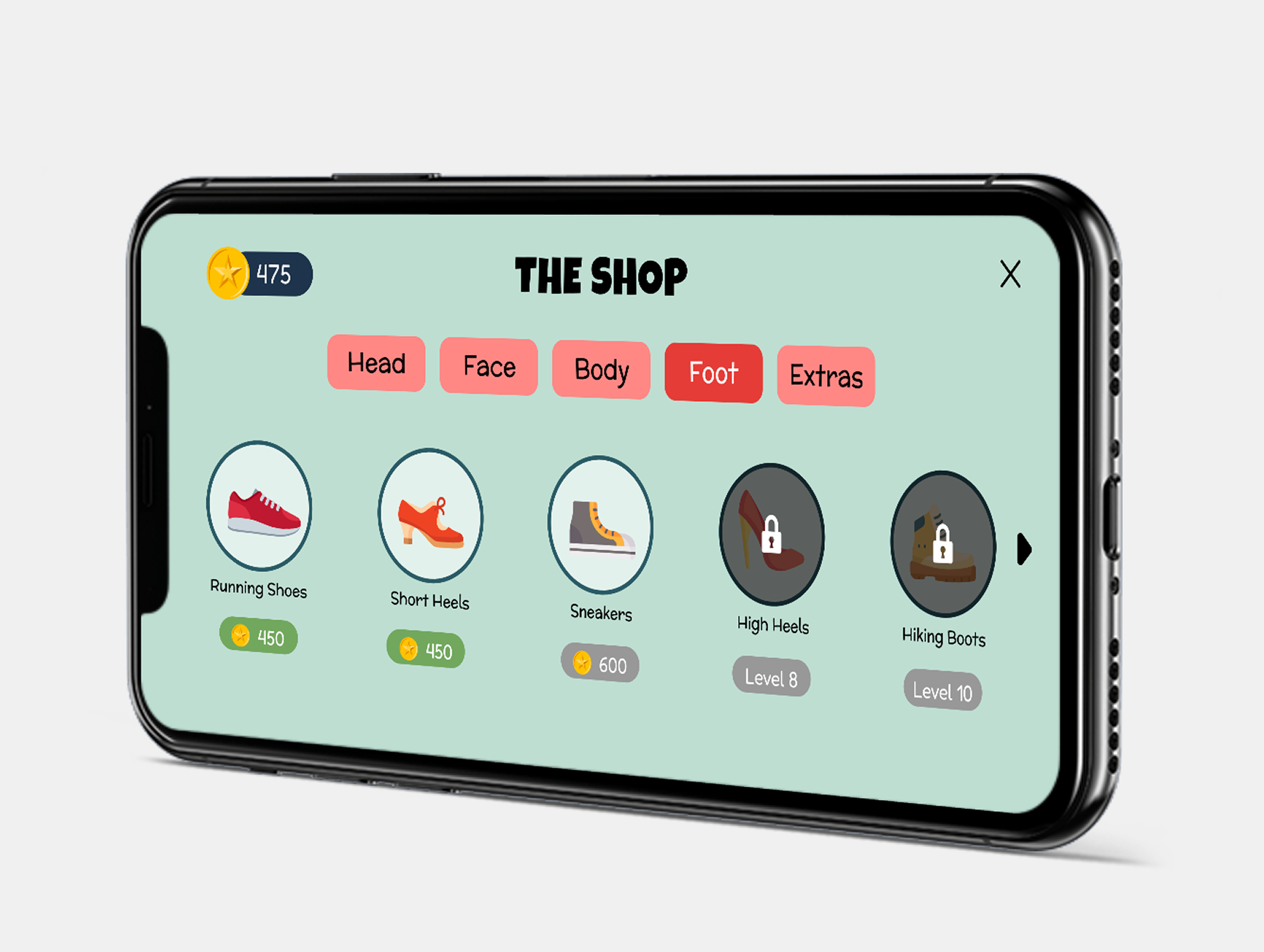 Mobile phone screen showing a virtual shop with footwear options: Running Shoes, Short Heels, Sneakers, locked High Heels and Hiking Boots, with coin prices and levels indicated.