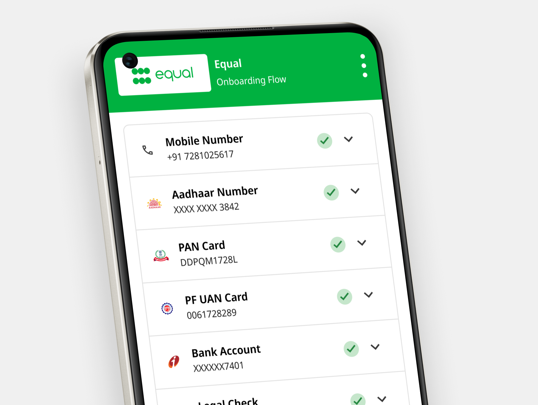 Smartphone screen displaying an onboarding flow for Equal app with verified items: mobile number, Aadhaar number, PAN card, PF UAN card, and bank account.