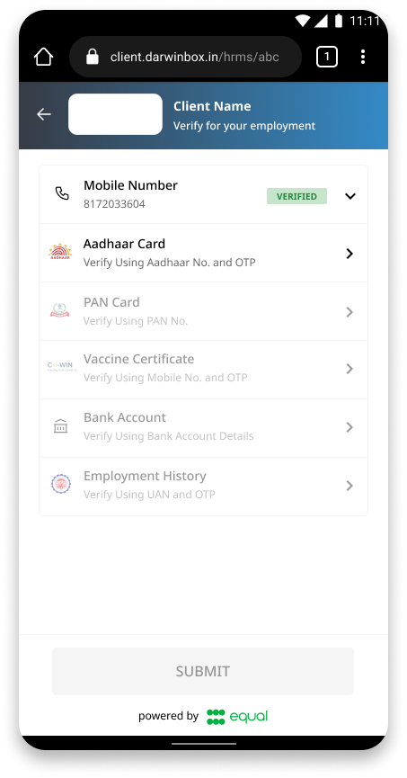 Mobile screen showing client verification options including verified mobile number, Aadhaar card, PAN card, vaccine certificate, bank account, and employment history with a submit button below.