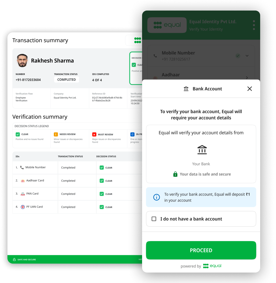 An automatically generate report's PDF showing all the verified data entered by the user in the equal app, all in one place, alongside the new UI of the Equal verification platform