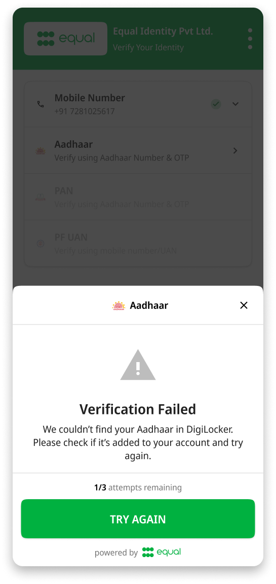 Mobile verification screen from Equal Identity showing Aadhaar verification failure with message about missing Aadhaar in DigiLocker and option to try again.