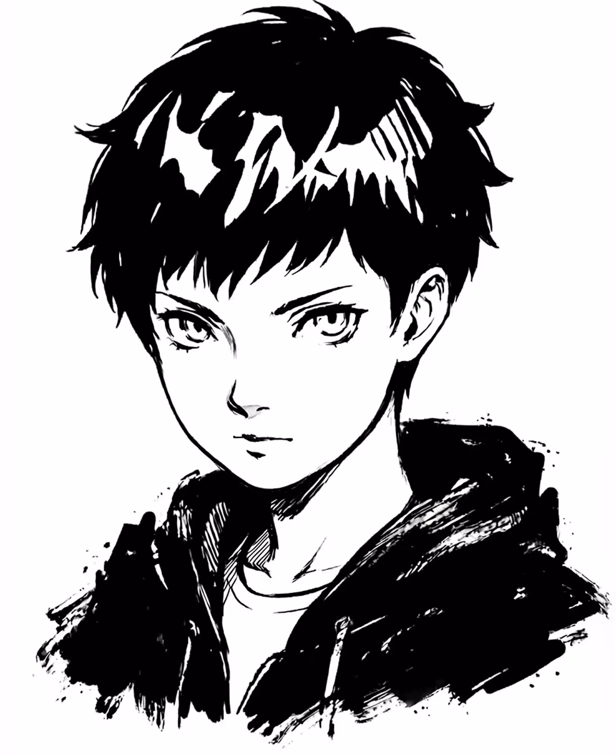 Black and white manga-style illustration of Naman with short dark hair wearing a hooded jacket.