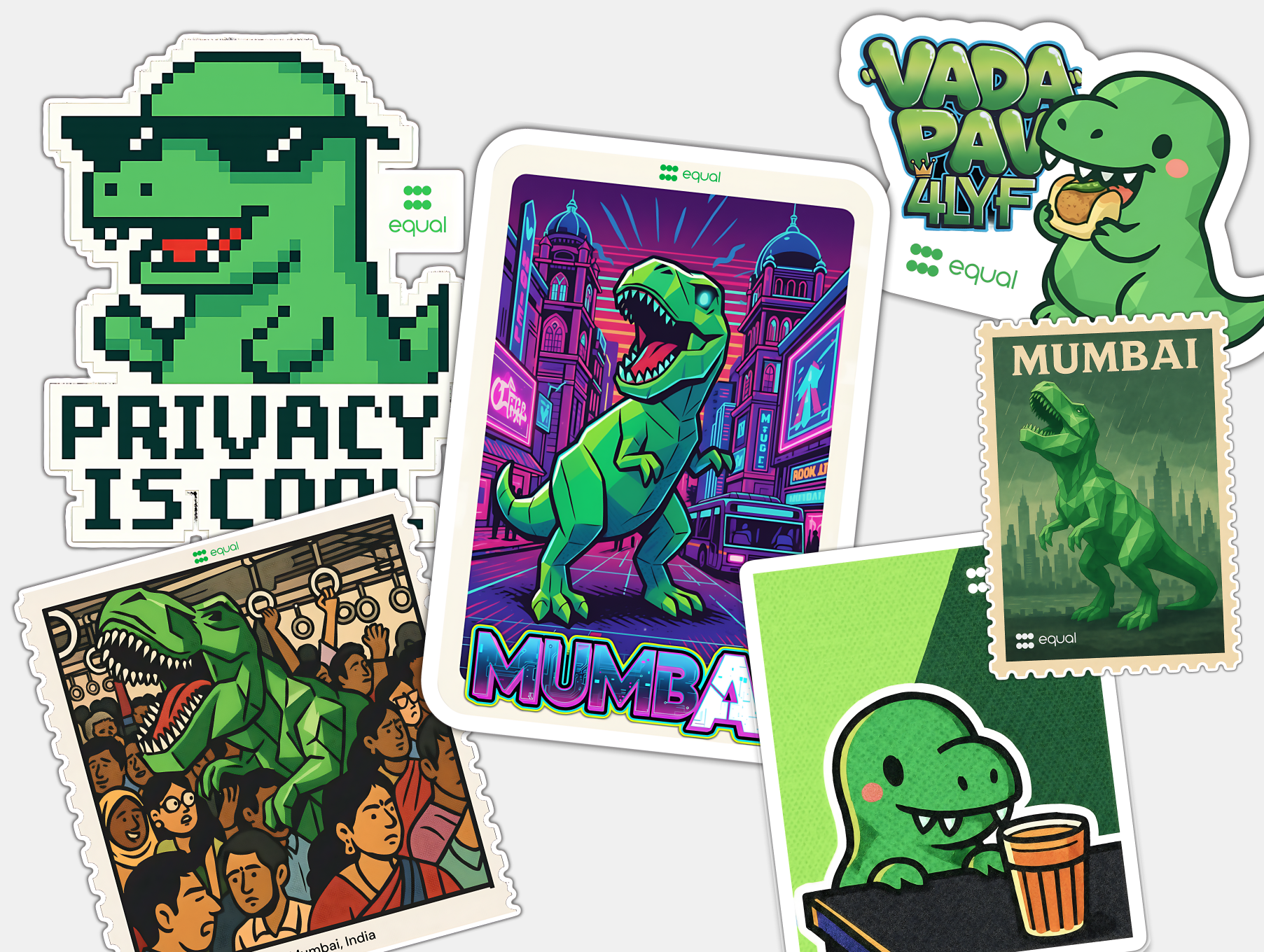 Collage of stickers featuring green cartoon and pixelated T-Rex dinosaurs with themes including privacy, Mumbai city, crowded train, and food.