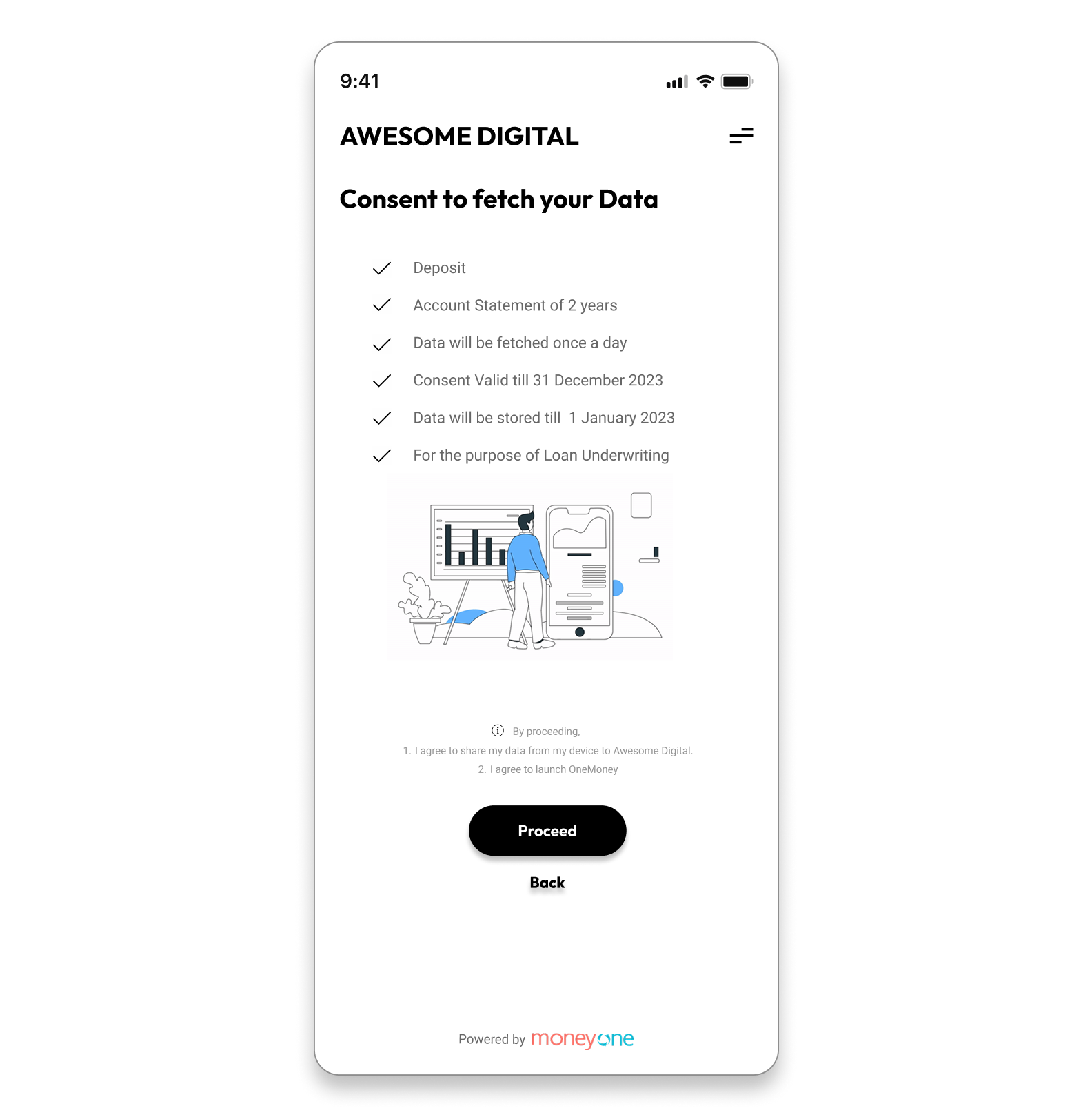 Mobile screen showing consent form for fetching user data including deposit, account statement, data fetching frequency, consent validity, storage duration, and loan underwriting purpose with Proceed and Back buttons.