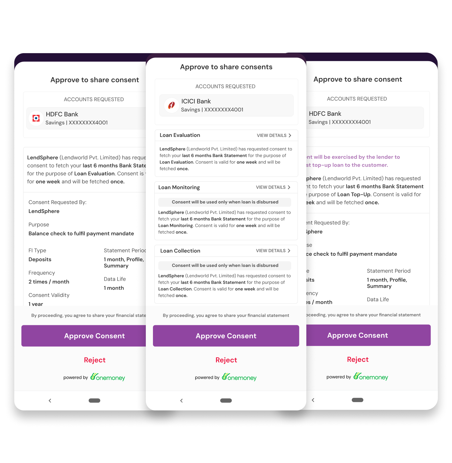 Mobile screens showing consent approval requests for sharing bank account data from HDFC Bank and ICICI Bank with details for loan evaluation, monitoring, and collection by LendSphere powered by OneMoney.
