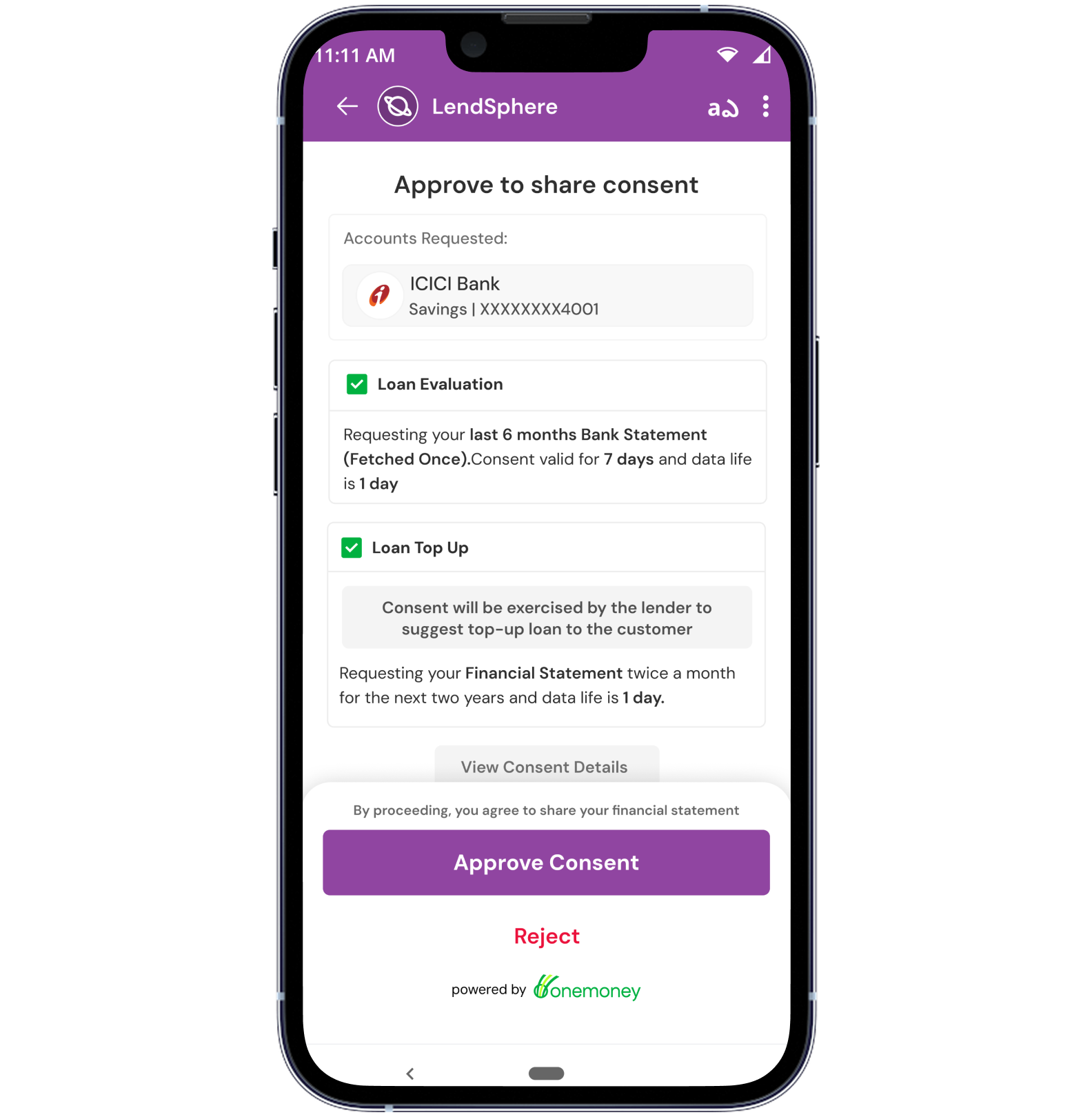 Mobile screen showing LendSphere app requesting user approval to share consent for ICICI Bank accounts with options to approve or reject consent.