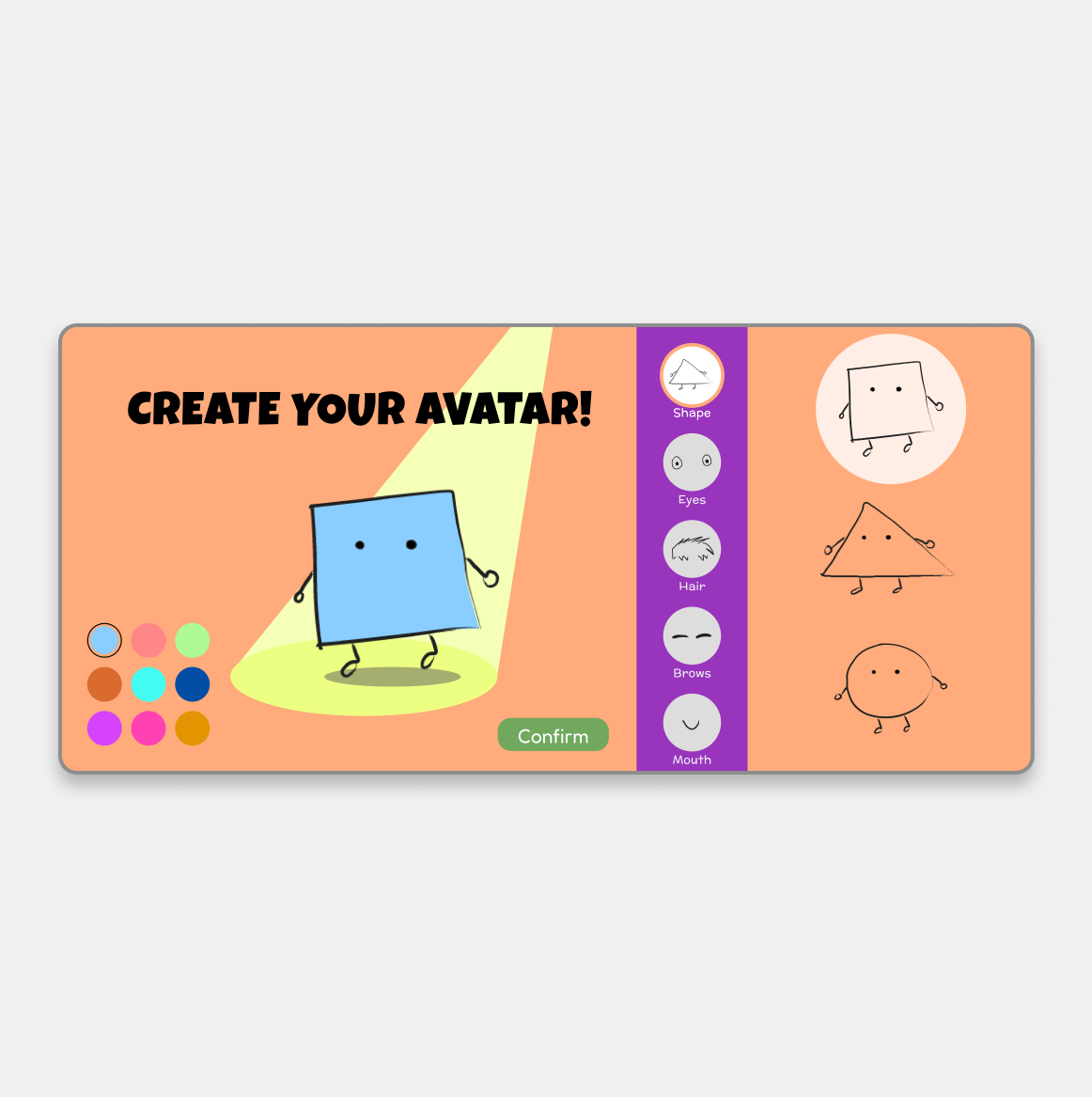 Character customization from the first sprint showing the option to edit the character's face, shape and hair with a rough design