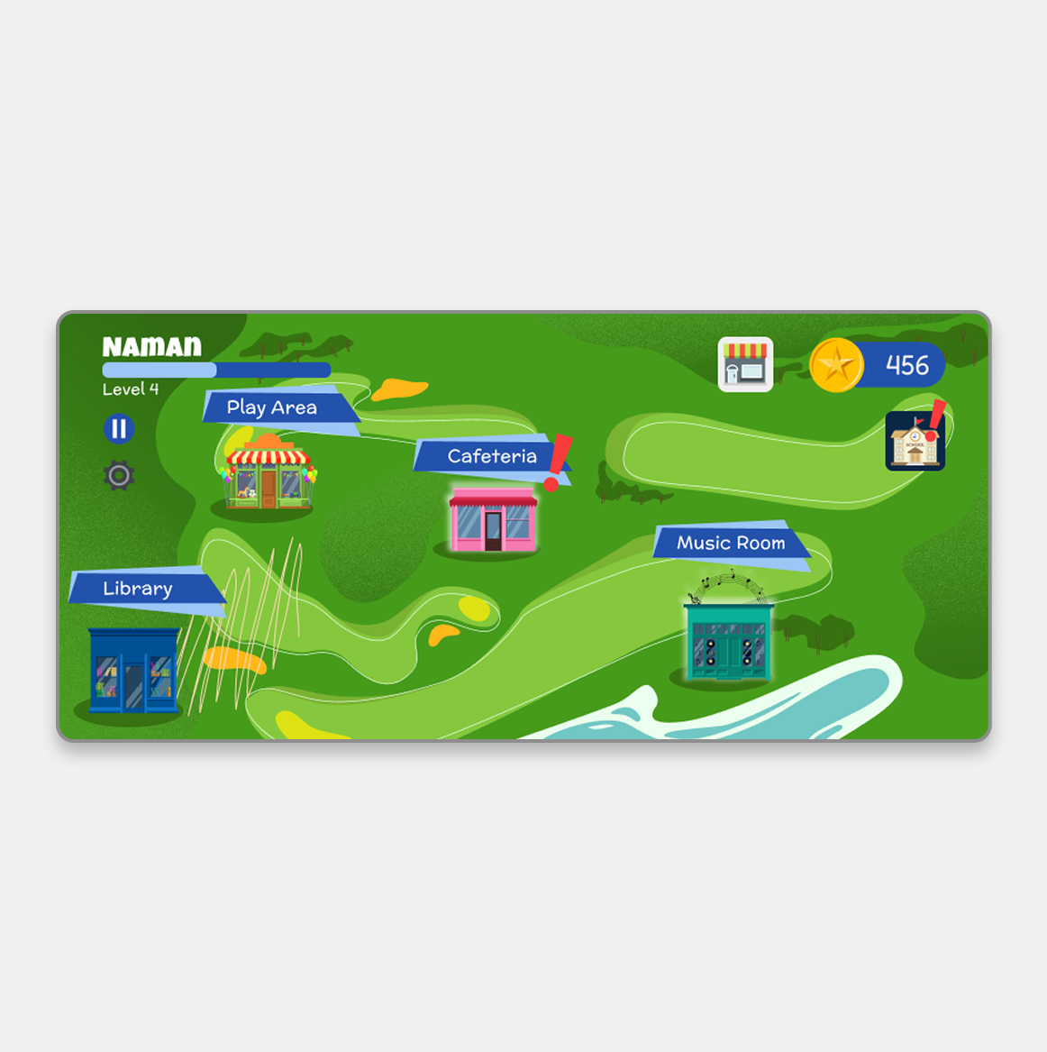 Game interface showing a green map with labeled locations: Play Area, Cafeteria with an exclamation mark, Library, and Music Room, along with a level indicator and coin count.