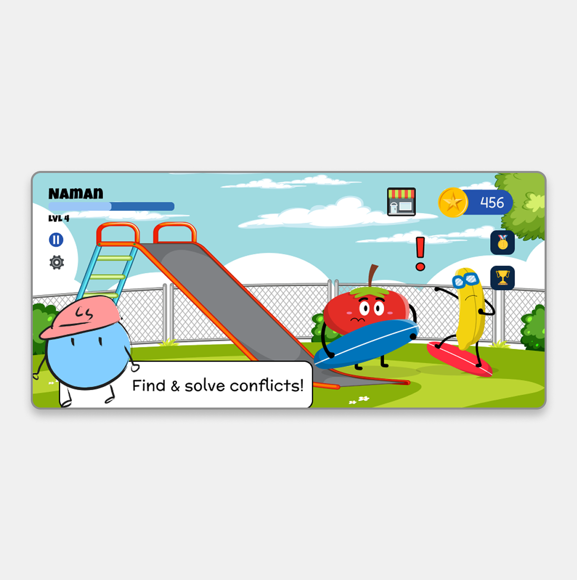 Cartoon playground scene with a blue character wearing a pink hat, a worried tomato holding a blue surfboard, and a banana with goggles standing on a red surfboard, with a speech bubble saying Find & solve conflicts!