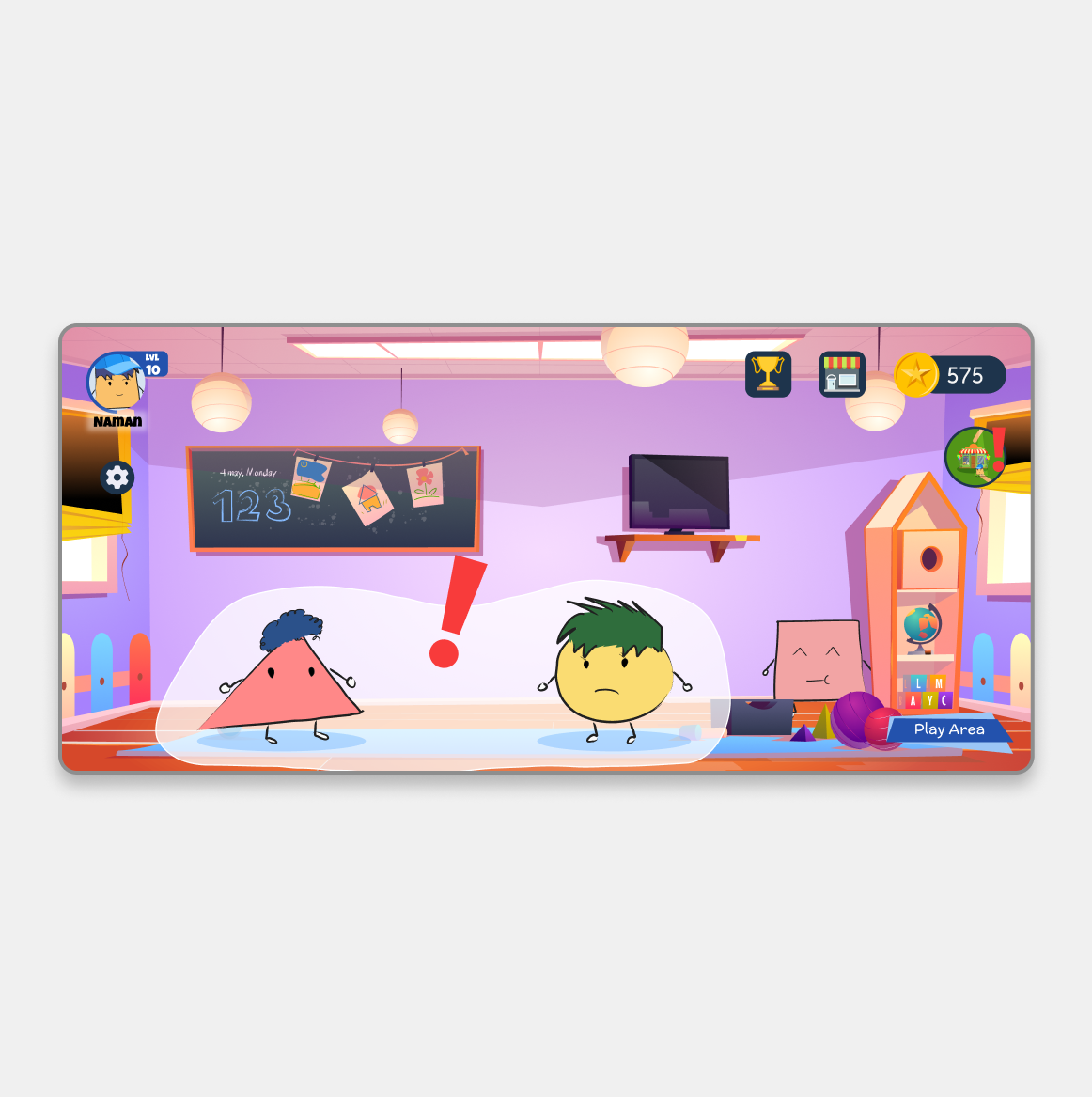 Cartoon classroom scene with three geometric characters—pink triangle with a blue hat, yellow circle with green hair, and pink square—inside a purple room with a blackboard, TV, toys, and a 'Play Area' sign.