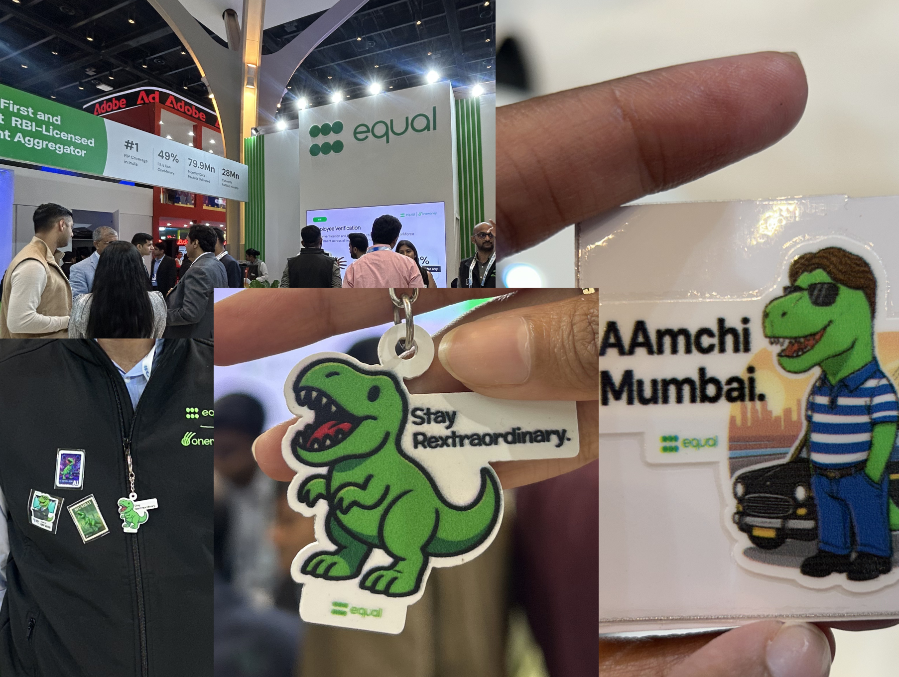 Collage of four images featuring the Equal company booth at an event, people interacting, and close-ups of Equal-themed dinosaur keychains and badges.