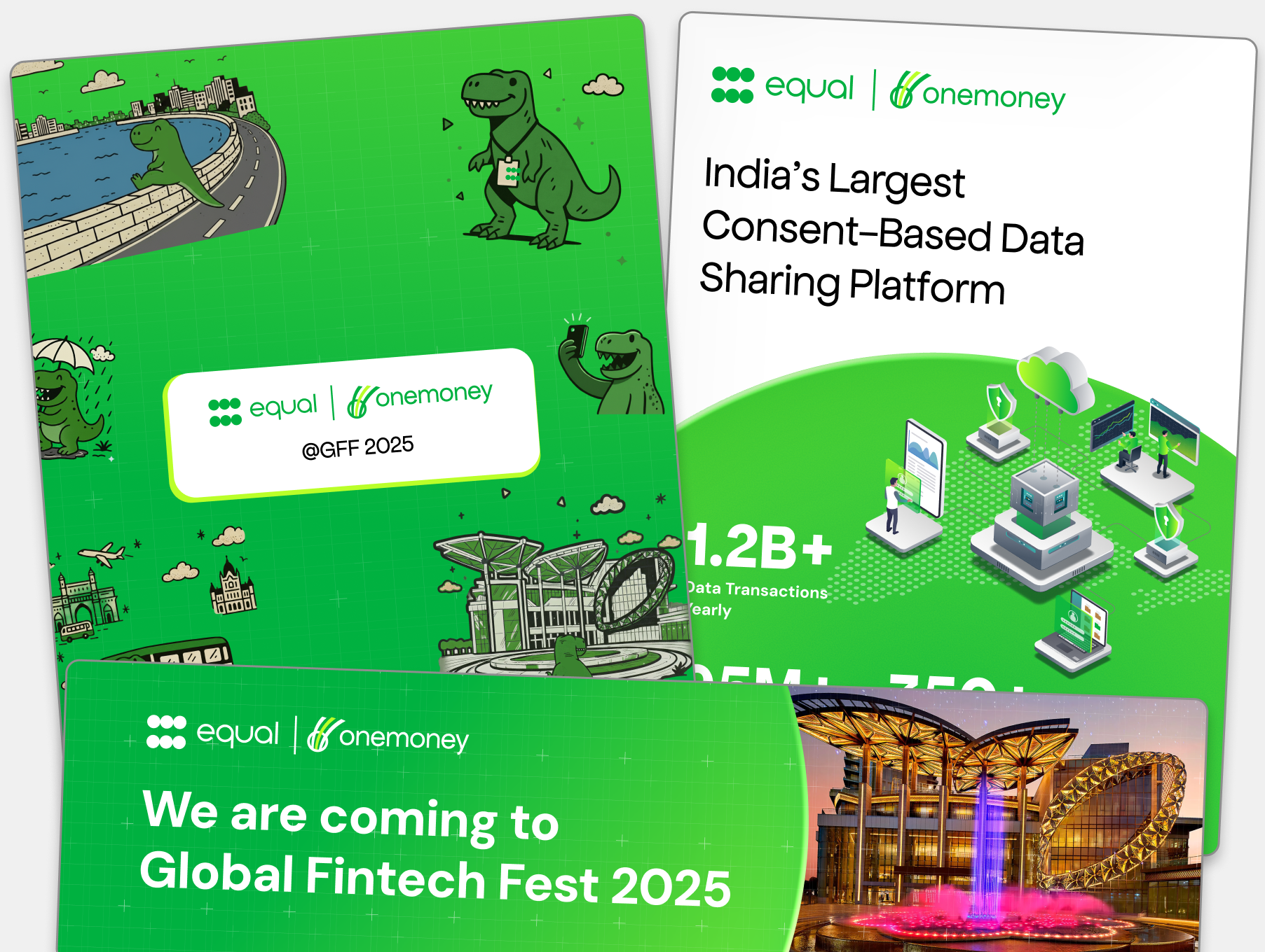 Promotional graphic with green background featuring cartoon dinosaurs, equal and onemoney logos, and text about their participation in Global Fintech Fest 2025 and being India's largest consent-based data sharing platform.