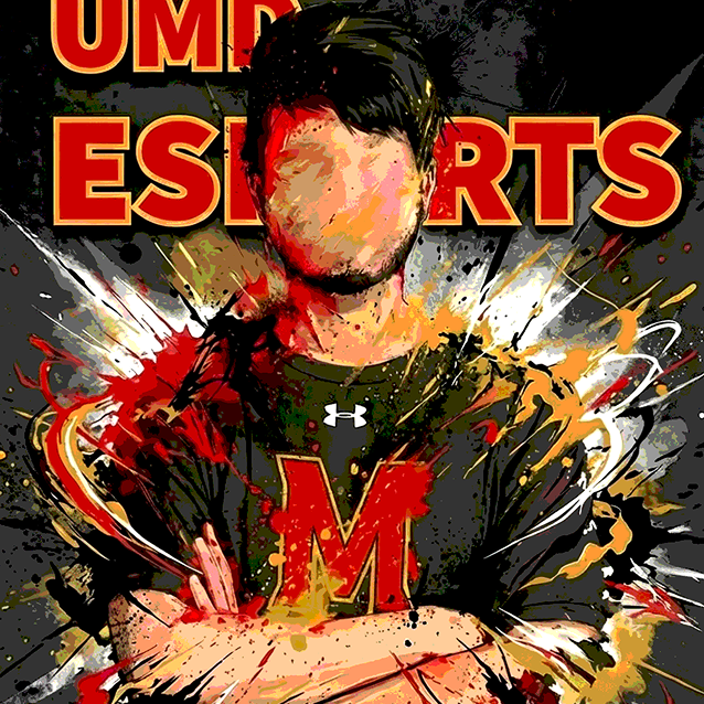 Poster of Naman with arms crossed wearing a Maryland esports shirt with splashes of red, gold, and black paint.