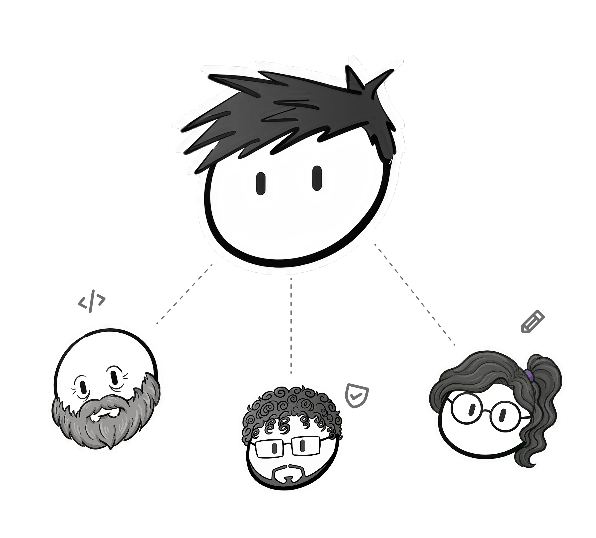 illustration depicting collab with QA, Marketing and Development teams
