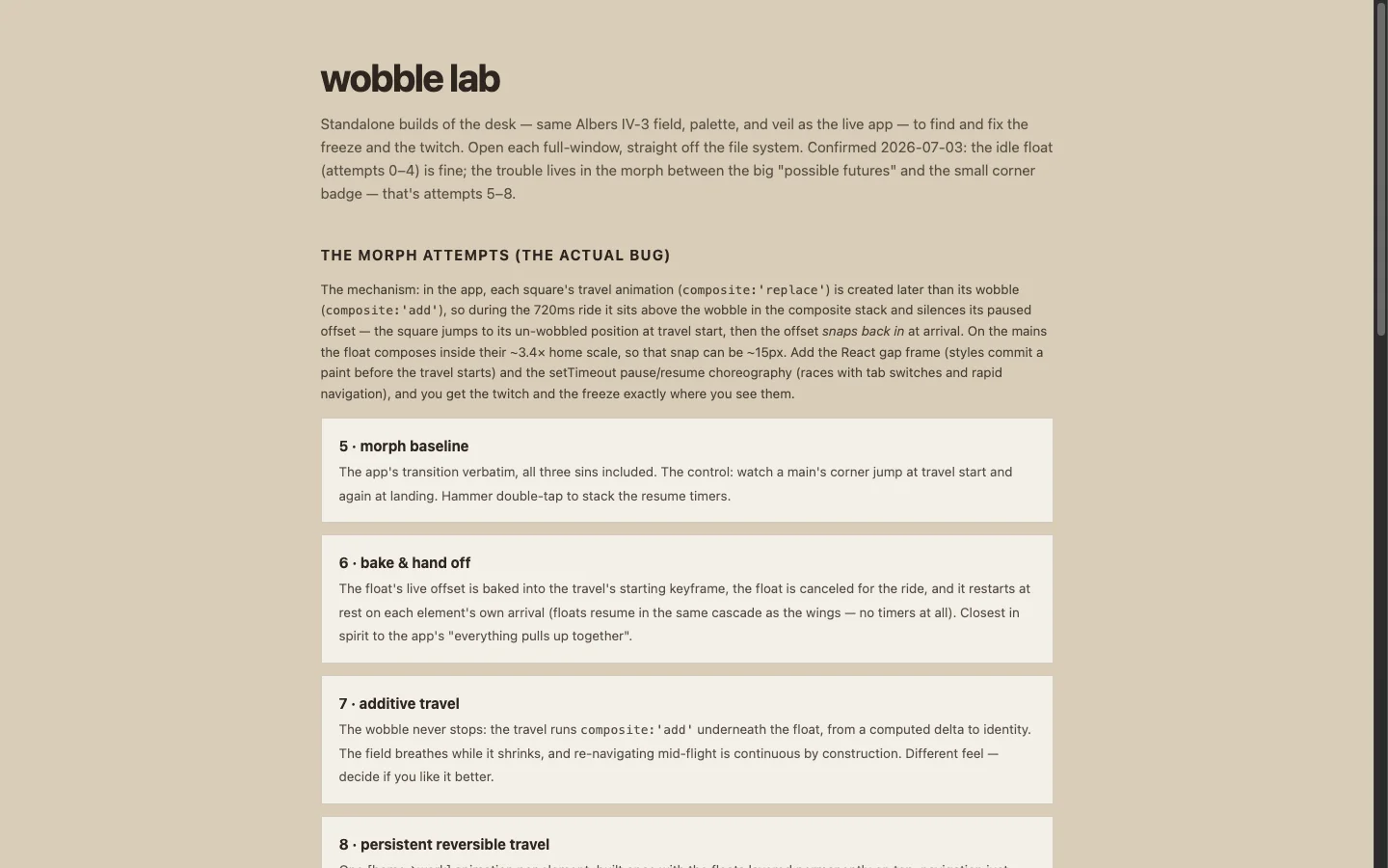 Wobble lab hub: eight attempts at fixing the desk's idle animation