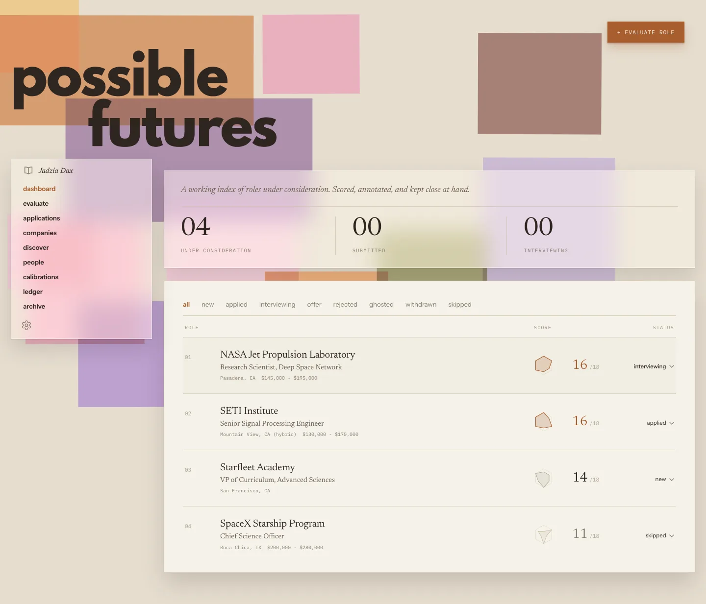 Possible Futures dashboard, an editorial index of roles under consideration