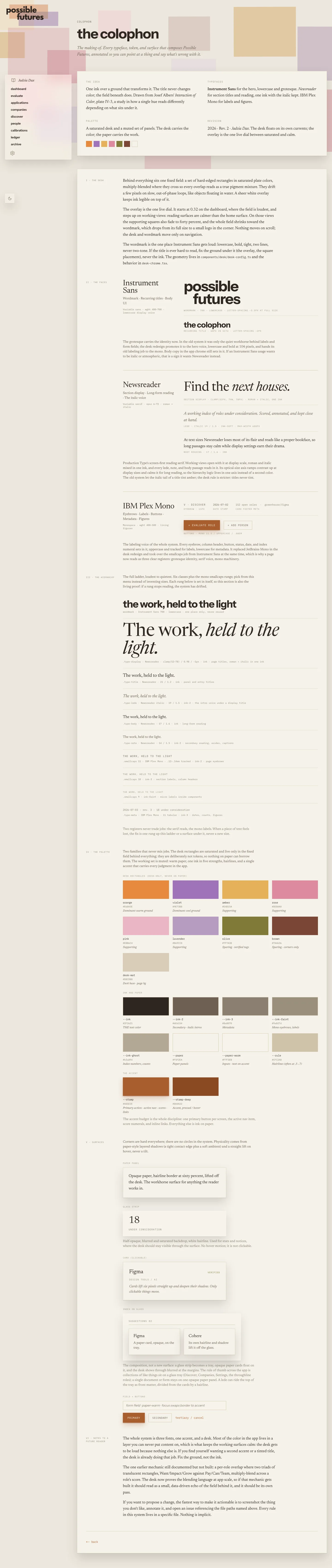 Possible Futures in-app colophon documenting the design system's type ladder and surfaces