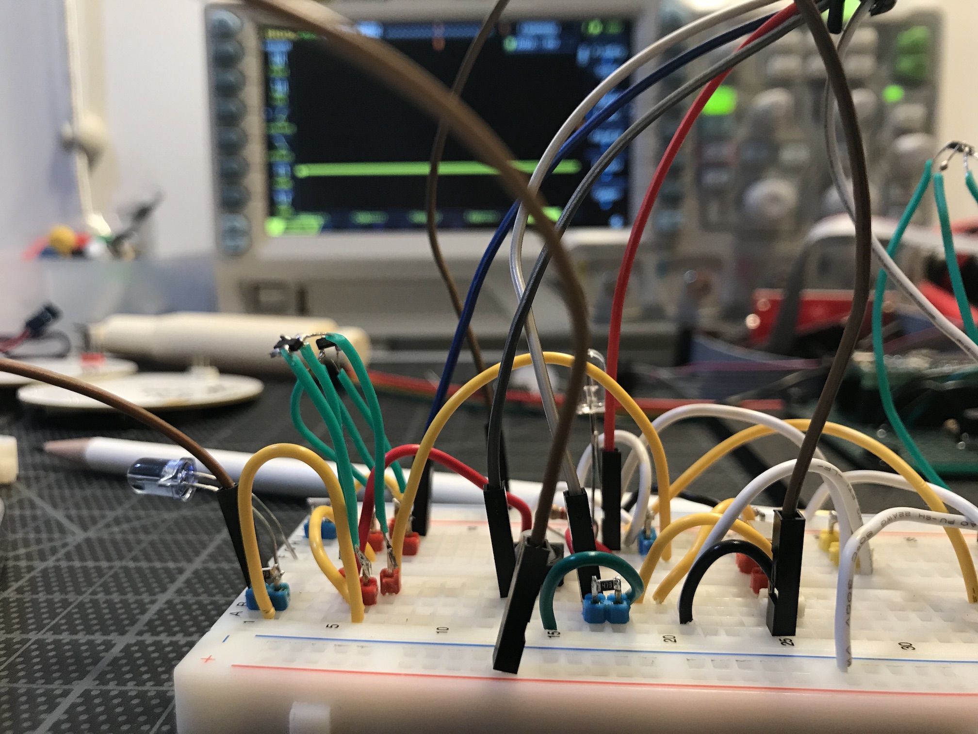 Breadboard prototype with LEDs and sensor components