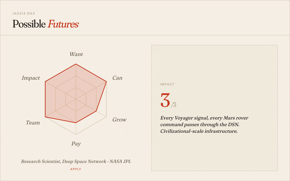 Possible Futures rubric radar cycling through sample roles
