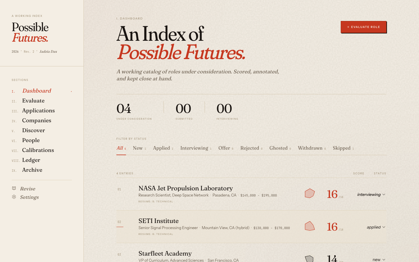Possible Futures dashboard, an editorial catalog of roles under consideration