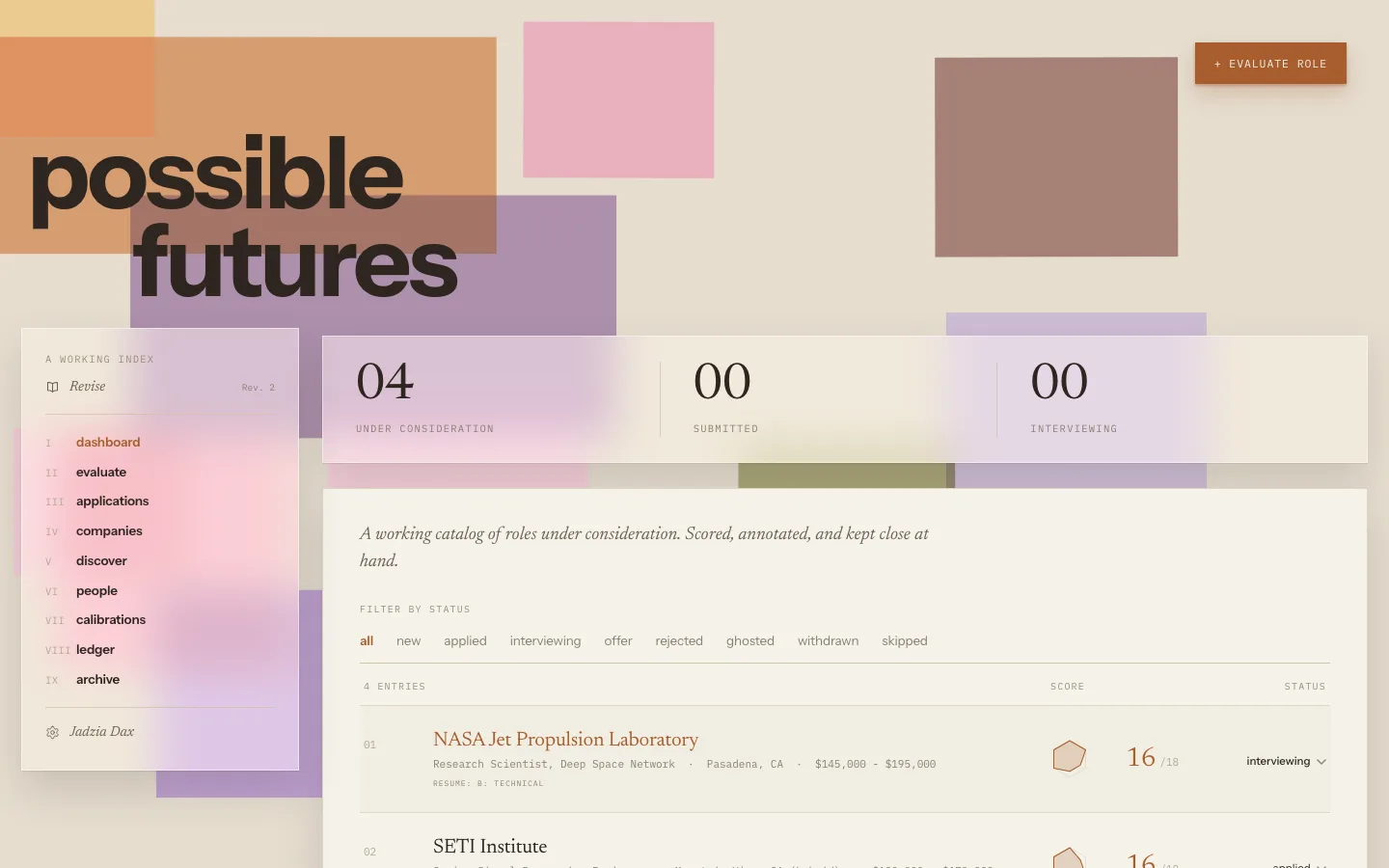 Possible Futures dashboard, an editorial catalog of roles under consideration