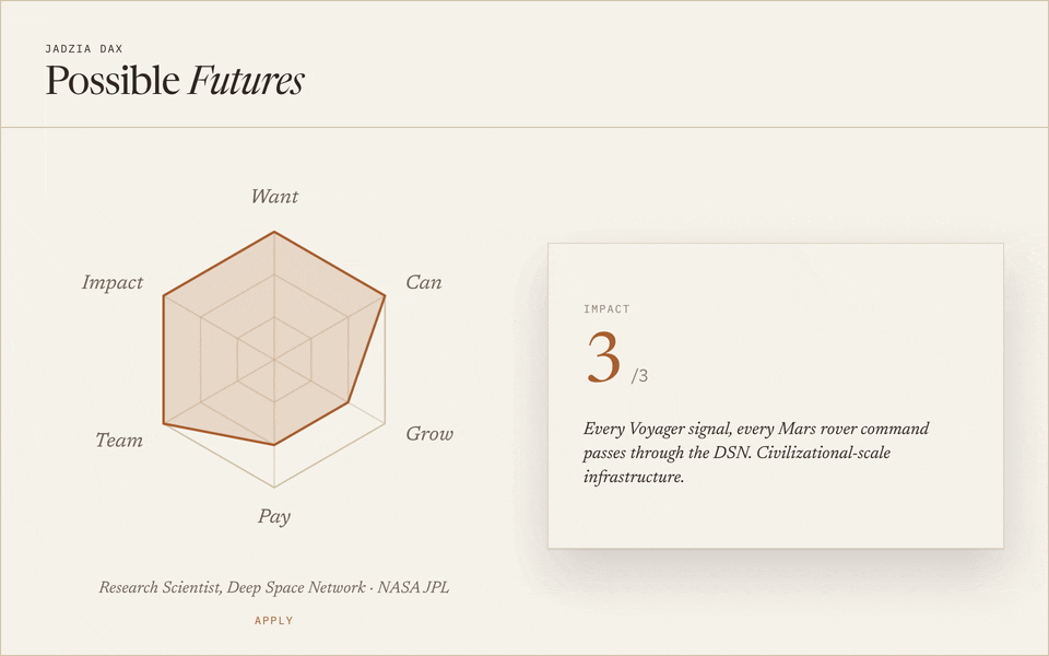 Possible Futures rubric radar cycling through sample roles