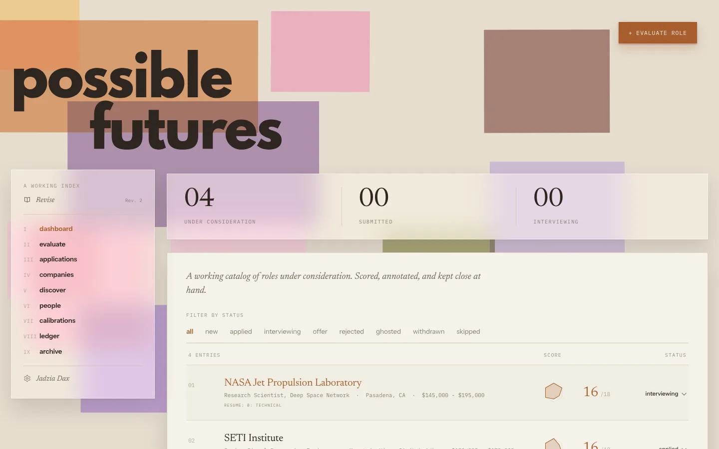 Possible Futures dashboard, an editorial catalog of roles under consideration