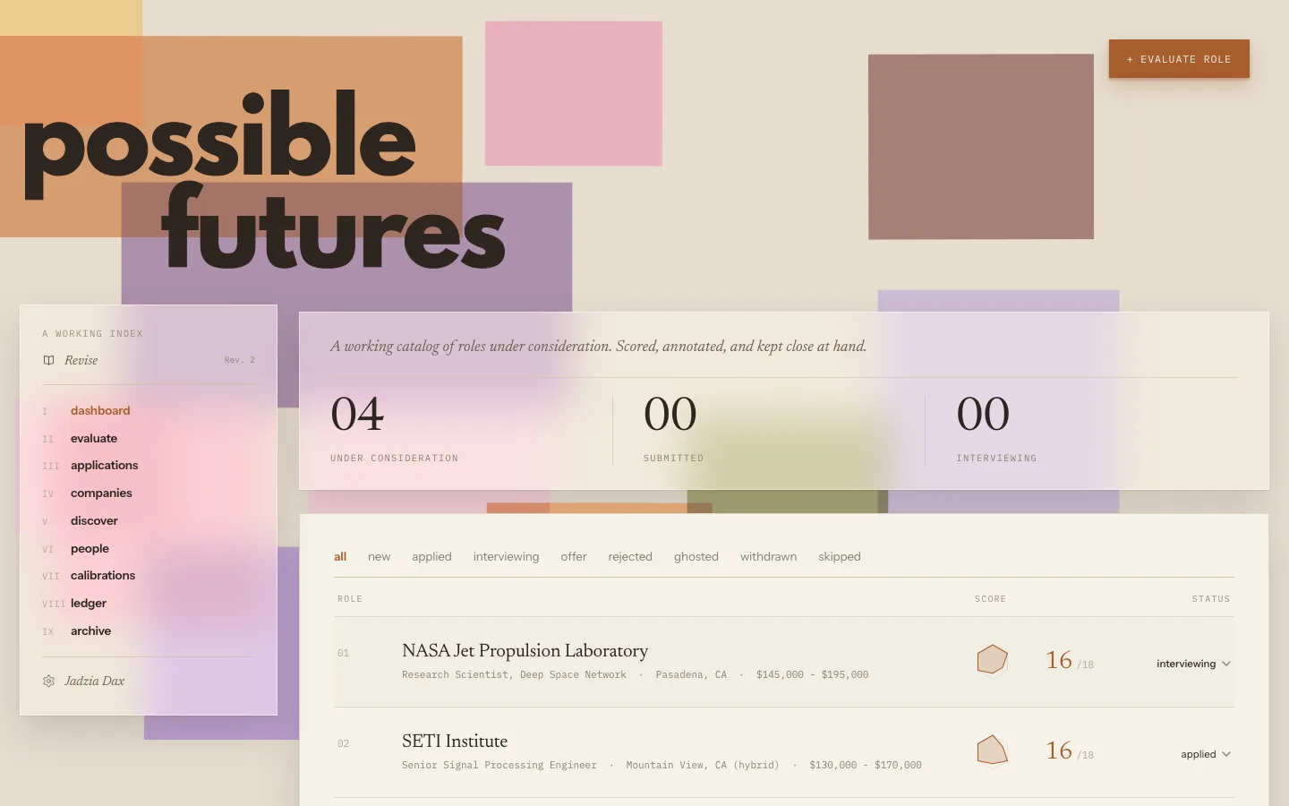 Possible Futures dashboard, an editorial catalog of roles under consideration