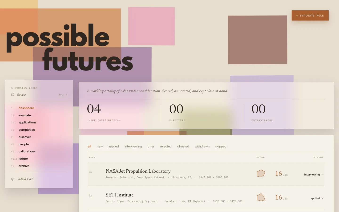 Possible Futures dashboard, an editorial catalog of roles under consideration