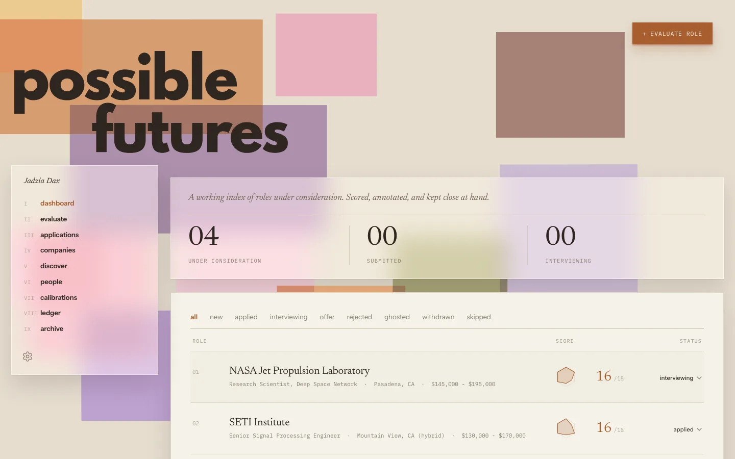Possible Futures dashboard, an editorial index of roles under consideration