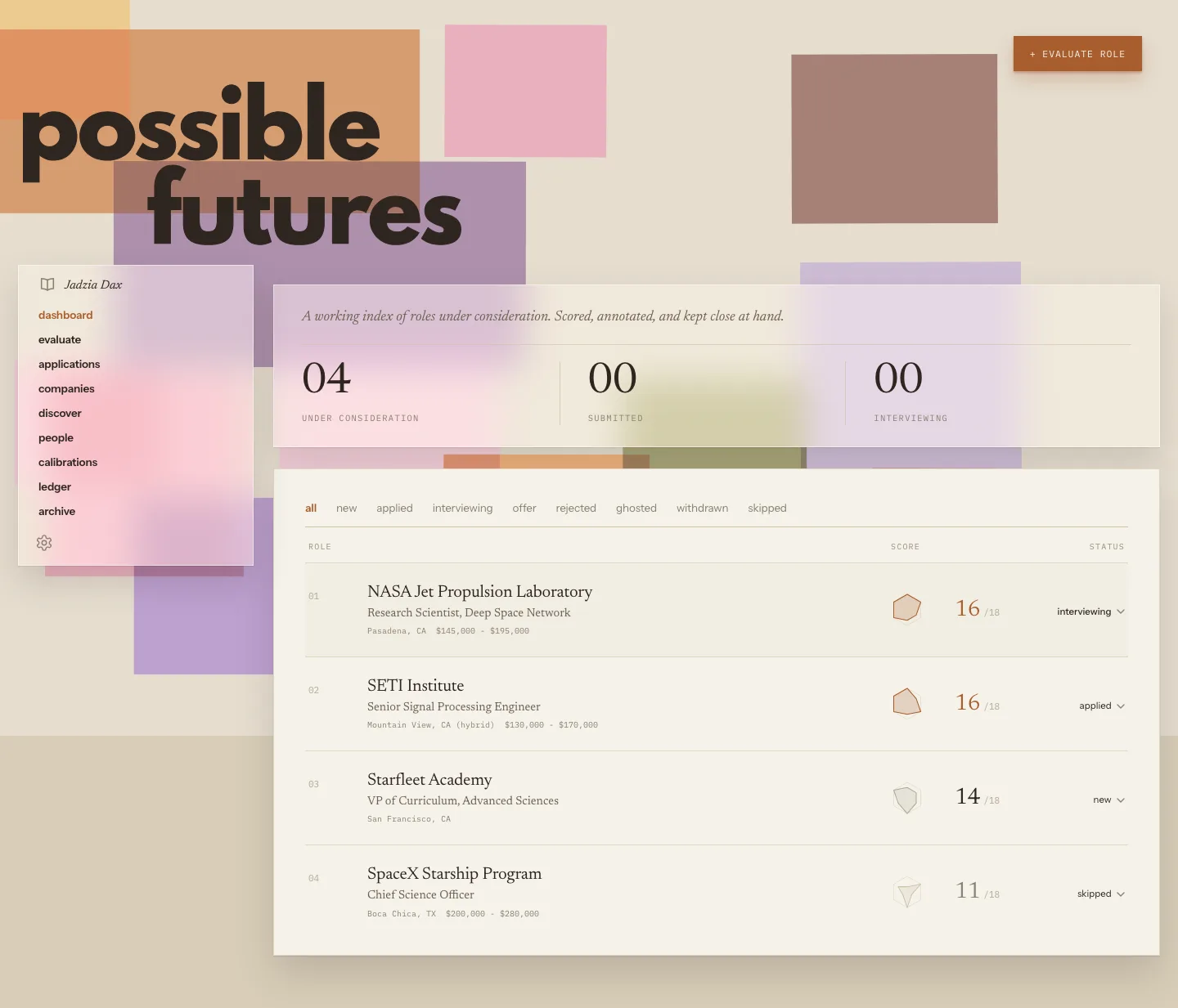 Possible Futures dashboard, an editorial index of roles under consideration