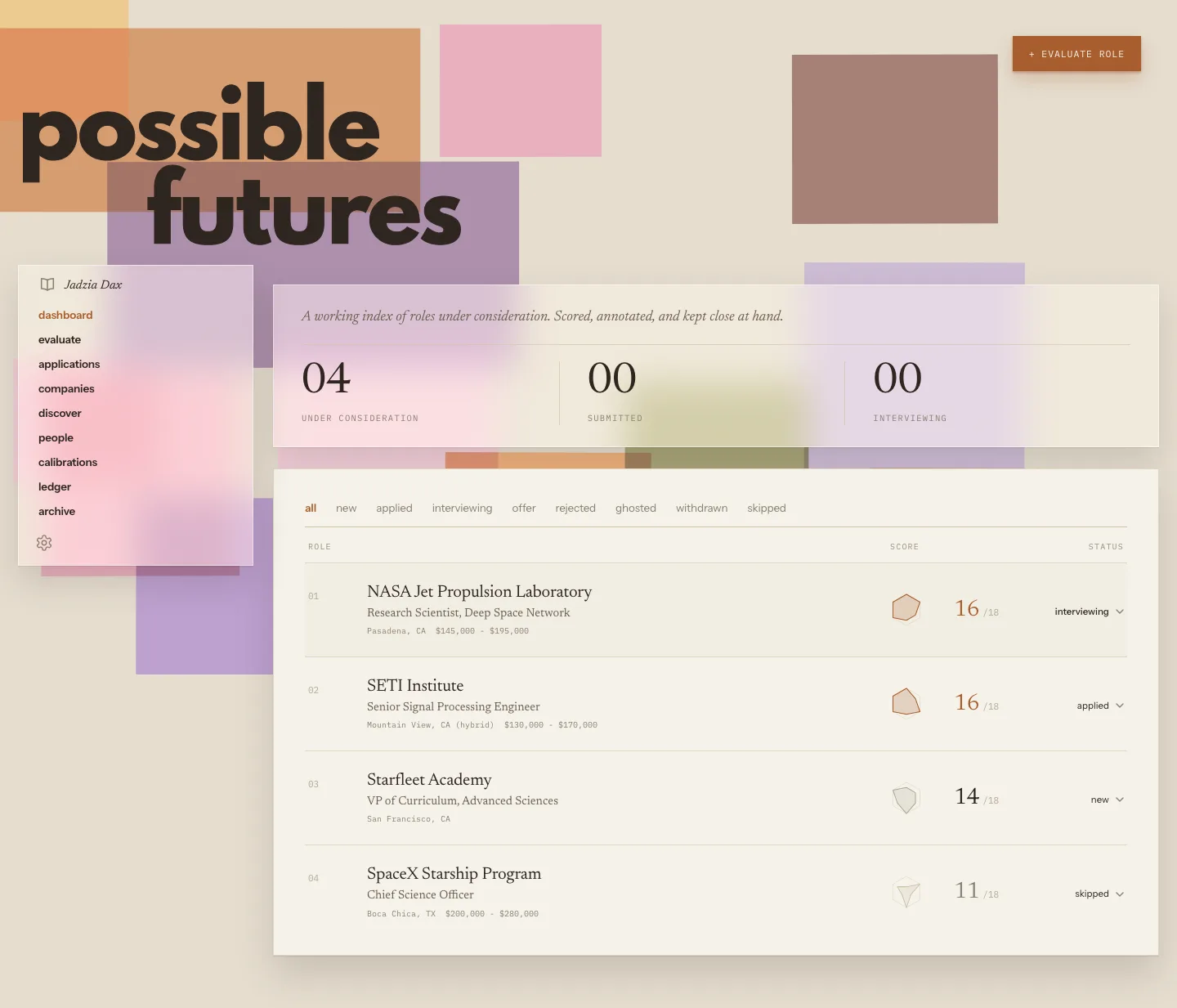 Possible Futures dashboard, an editorial index of roles under consideration