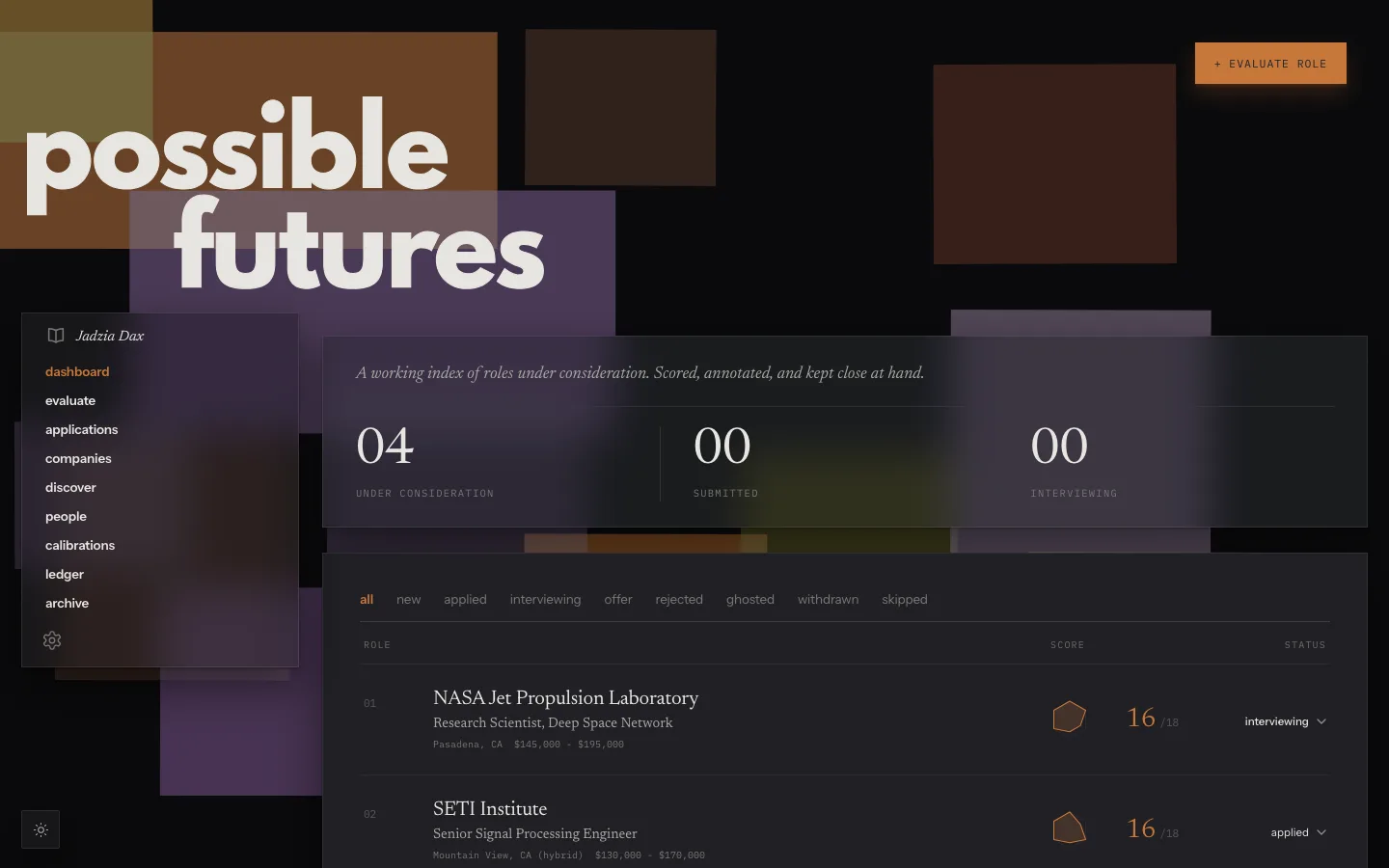 Possible Futures dashboard in dark mode