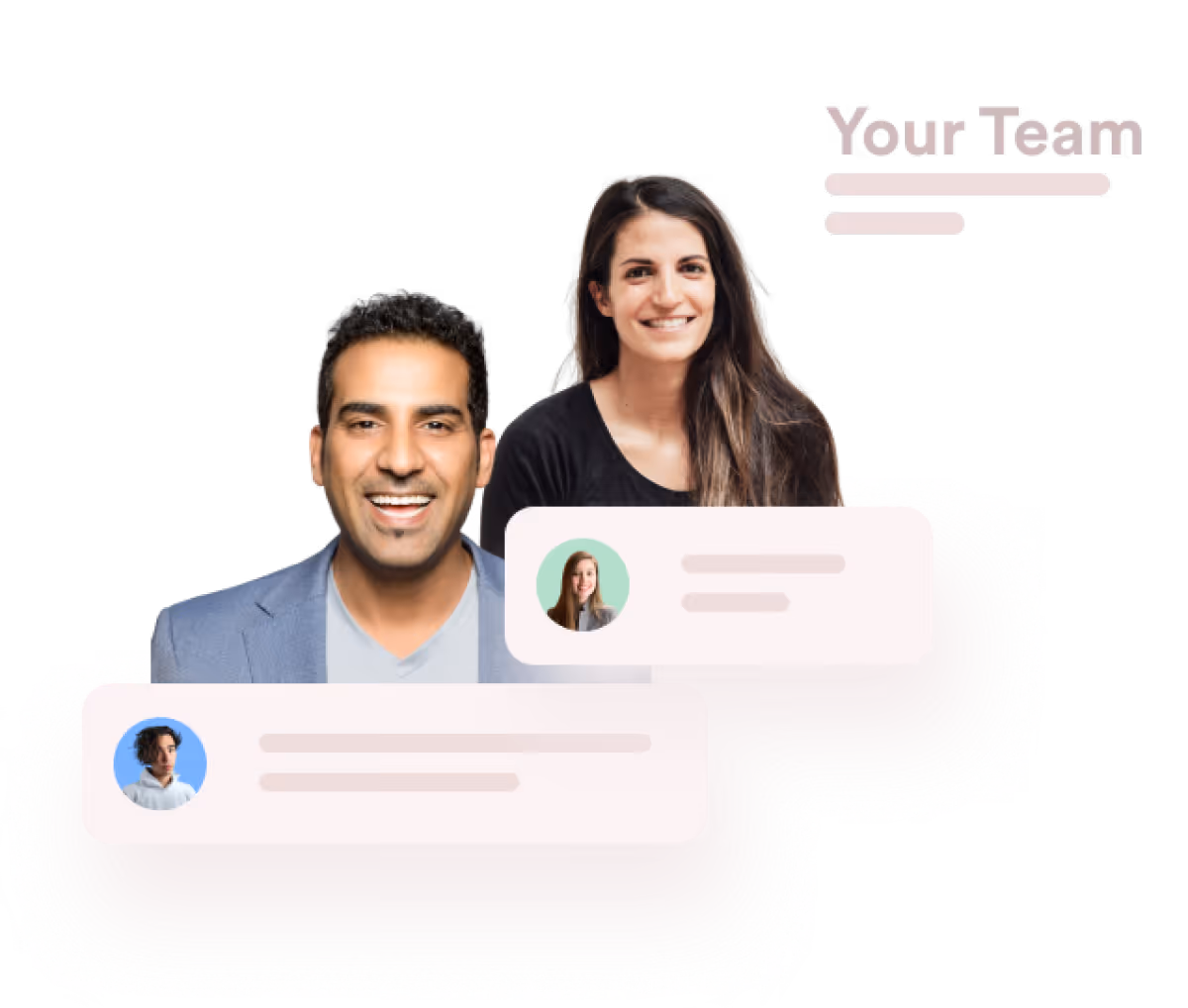 man_in_a_blue_suit_smiling_woman_with_dark_hair_behind_top_right_shows_Your_Team_text_showing_how_easy_it_is_to_have_a_team_of_law_professionals_working_on_your_deal