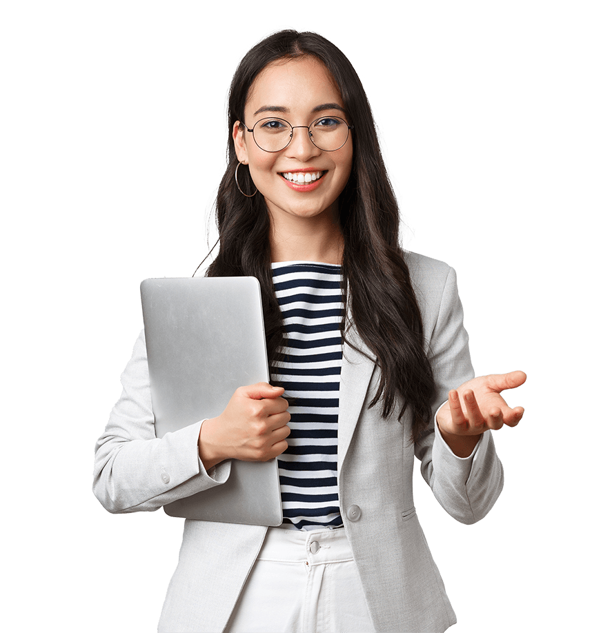 Young professional woman holding a laptop and smiling