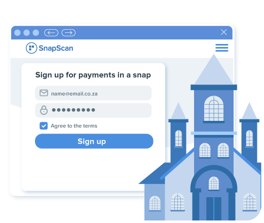 An illustration of a person sitting on a blue couch. In the background is the SnapScan sign up screen