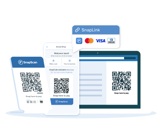 An illustration of a person standing in front of a successful SnapScan signup screen