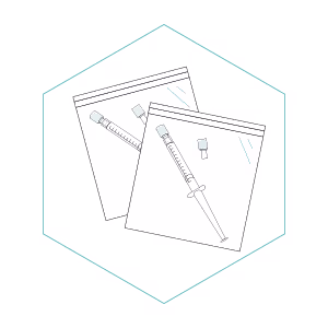 2 x resealable bags, each containing: 1 x small syringe filled with 1.5ml of DNA preservative solution (sealed with reusable Luer Lock cap) and 1 x separate Luer Lock cap