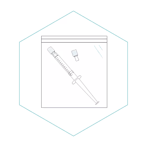 1 x resealable bag containing: 1 x small syringe filled with 1.5ml of DNA preservative solution (sealed with reusable Luer Lock cap) and 1 x separate Luer Lock cap