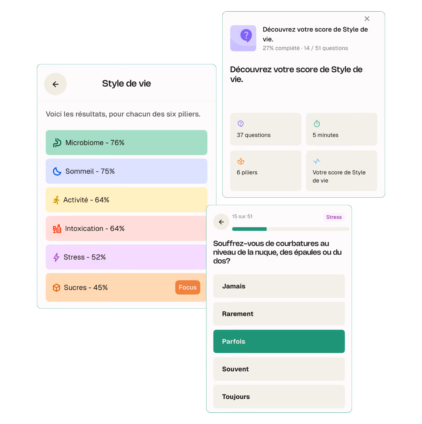 Écrans de l’application Yoboo montrant le score de style de vie, les résultats par pilier et une question du test de style de vie.