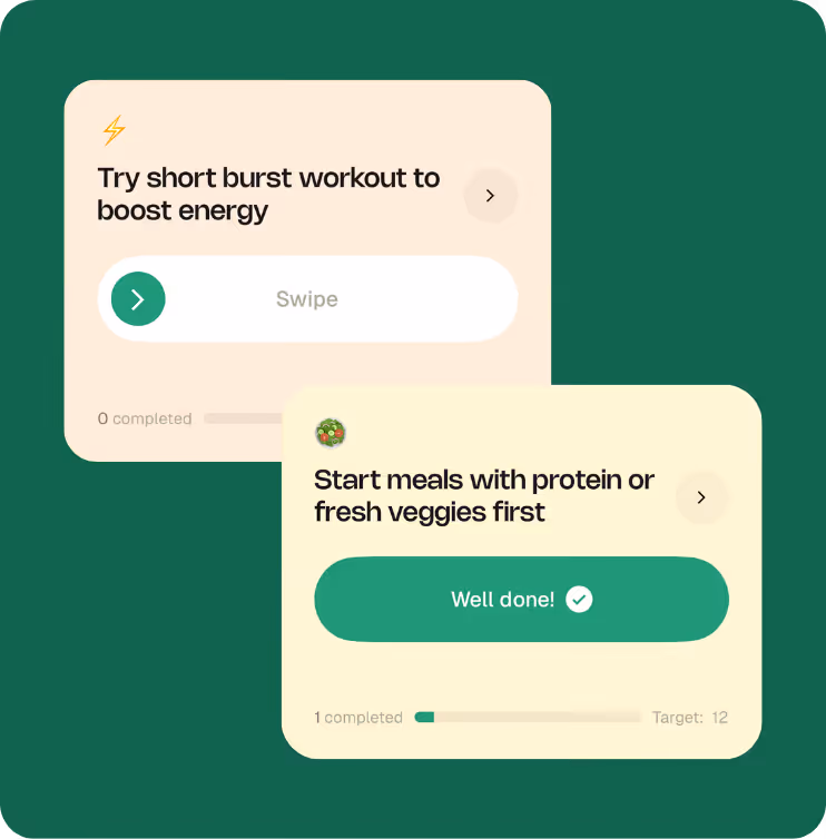 Yoboo app actions like a short burst workout and starting meals with protein or fresh vegetables.